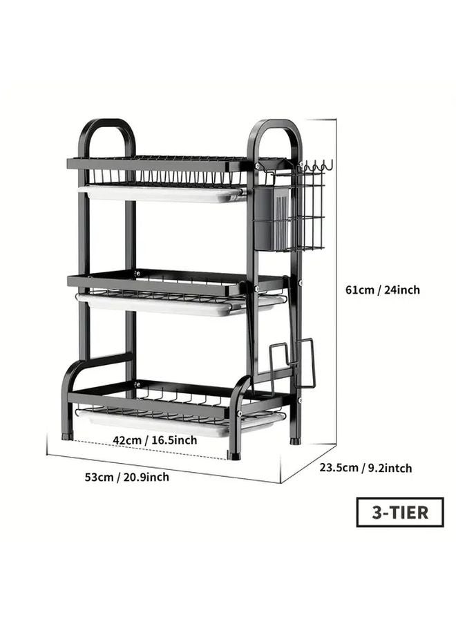 Black 3 Tier Vertical Dish Rack Heavy Duty Carbon Steel Drying Storage Organizer - Image 3